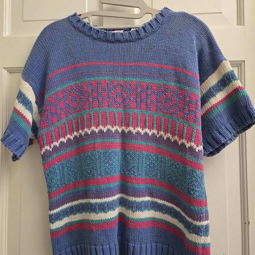 Vintage 80s Ashley Knit Sweater – Geometric Striped Cotton Blend, Made Hong Kong